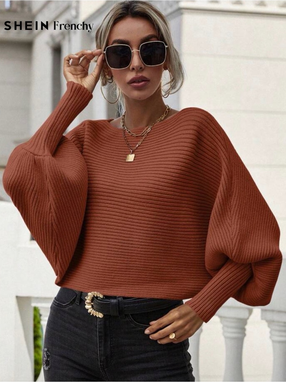 SHEIN Rust Balloon-Sleeve Ribbed Crewneck Sweater